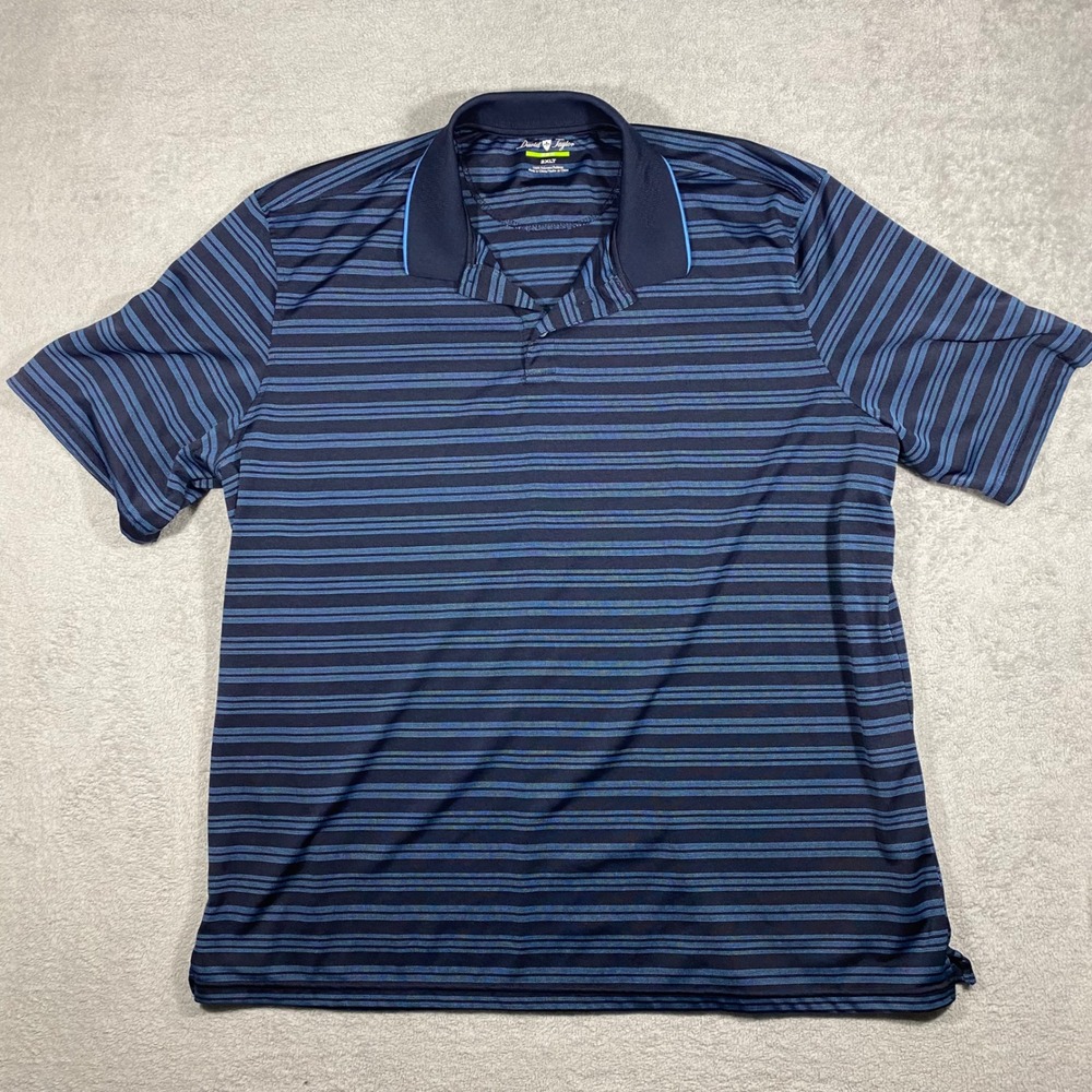 David Taylor Polo Shirt Mens 2XLT Blue Striped Short Sleeve Performance Pro